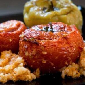Greek frozen stuffed peppers and tomatoes with rice in 3x2kg tray (6 portions) SPIT. TROFIMA