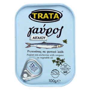 Greek canned Aegean anchovies (gavros) in sunflower oil w oregano 100gr TRATA