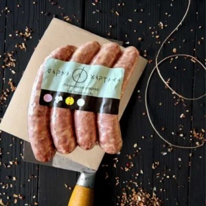Greek frozen traditional PORK SAUSAGE w SPICY FLAKES retail pack 100gr GREEK FARM code 131399003